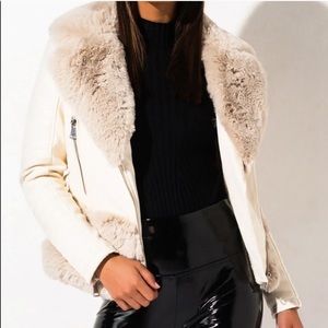 Azalea Wang White Faux Fur Lined Moto Jacket
